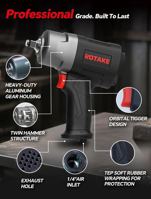 Pro Grade 1/2 Inch Air Impact Wrench 1245 Ft Lbs Max Torque Twin Hammer Design showcasing heavy-duty aluminum gear housing and orbital trigger.
