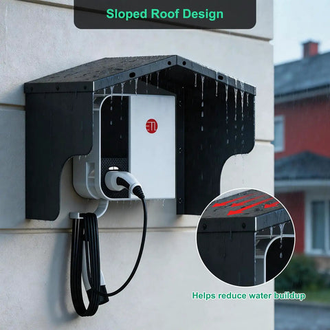 Heavy Duty Aluminum EV Charger Cover Rain Shield For Wall Mounted Electric Vehicle Stations Weatherproof Outdoor Guard with sloped roof design.