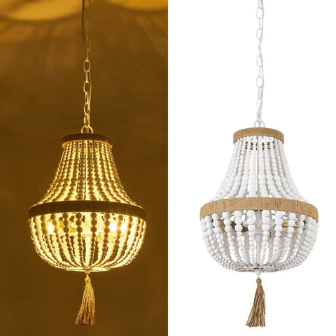 Boho Wood Beaded Pendant Light With E12 Ball Bulbs Farmhouse Chandelier For Living Room Bedroom Kitchen Dining Cozy Warm Glow 16.5 Ft Plug In Cord And 12.1 Ft Chain Ivory White Non Dimmable showing illuminated and unlit views