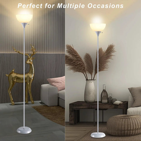 Industrial Modern Floor Lamp With Drop Resistant White Lampshade And E26 Socket in living room setting with modern decor.
