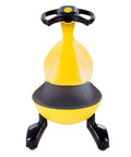 Front view of Twist And Go Wiggle Ride On Car For Kids Three Plus, yellow plastic frame, floor-powered rolling toy.