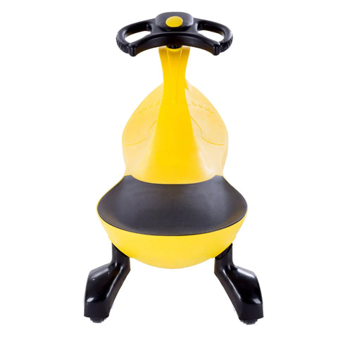 Front view of Twist And Go Wiggle Ride On Car For Kids Three Plus, yellow plastic frame, floor-powered rolling toy.
