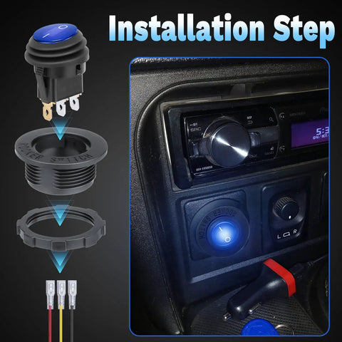 Round Rocker Switch 12V SPST On Off Toggle 3 Pin With Waterproof Cover For Marine Automotive RV And Boat Use LED Indicator Light Easy 20mm Panel Cutout Install mounted in car dashboard