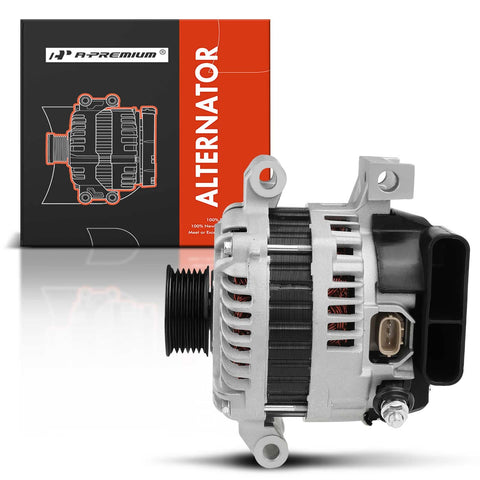 110A 12V High Output Alternator For Mazda 5 2012 2015 And CX7 2007 2012 With 6 Groove Pulley Clockwise Rotation Replacement Part A003TJ1191A Built To Meet OE Standards And Durable Heavy Duty Performance For Everyday Driving Easy Direct Fit, shown with packaging in background.