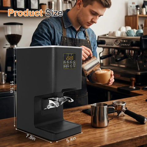 Electronic Automatic Espresso Tamper With 58mm Coffee Distribution Disc Adjustable Pressure Settings Electric Barista Sidekick For Home Shops Kicks Hand Fatigue Out The Door Straight Up Dope in a kitchen setting.