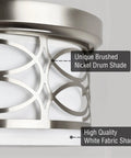 Close-up of 13 Inch Modern Lattice Drum Flush Mount Ceiling Light with intricate brushed nickel metal design and white linen shade.