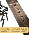 Beefy Heavy Duty One And A Half By Seventy Two Inch Continuous Piano Hinge In Antique Bronze With 0.060 Inch Leaf Thickness Includes Six By Three Quarter Inch Screws Five Pack For Cabinets And Furniture, showing back detail with screws.