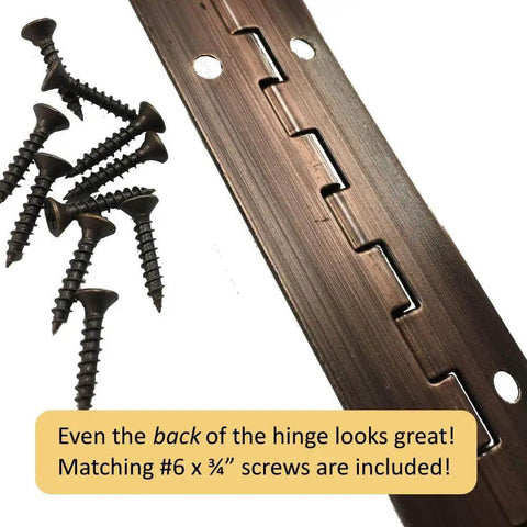 Beefy Heavy Duty One And A Half By Seventy Two Inch Continuous Piano Hinge In Antique Bronze With 0.060 Inch Leaf Thickness Includes Six By Three Quarter Inch Screws Five Pack For Cabinets And Furniture, showing back detail with screws.