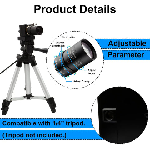 5-50mm Varifocal Lens Webcam With Full HD 1080P, 120fps High Speed USB Camera on tripod, auto focus and adjustable clarity