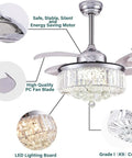 36 Inch Retractable Pendant Fandelier Ceiling Fan With Lights Remote Control, Crystal LED Chandelier, Polished Chrome Silver Finish