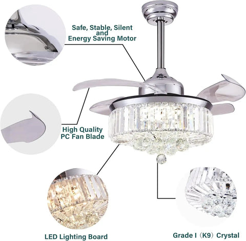 36 Inch Retractable Pendant Fandelier Ceiling Fan With Lights Remote Control, Crystal LED Chandelier, Polished Chrome Silver Finish