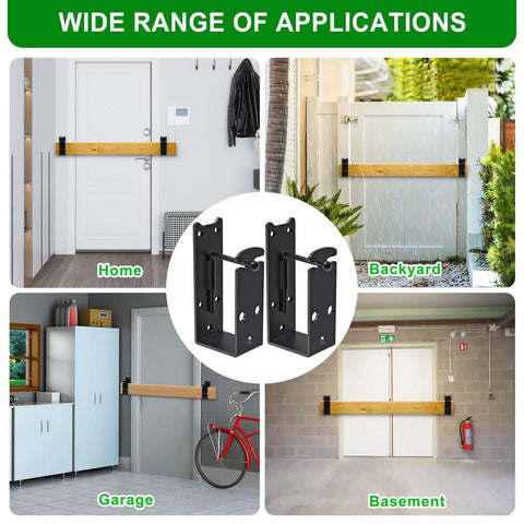 Heavy Duty 2x4 Door Barricade Brackets with Locking U Shaped Bar Holder installed on home, backyard, garage, and basement doors