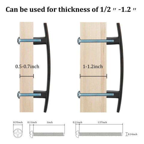 30 Pack Oil Rubbed Bronze Solid Cabinet Handles 5.25 Inch 133mm Bar Pulls showing installation on 0.5 to 1.2 inch thick material