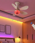 3 in 1 LED Smart Ceiling Fan Light with BT Speaker Remote (40W White) in a stylish bedroom setting with colorful lighting.