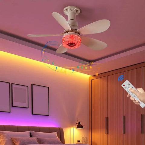 3 in 1 LED Smart Ceiling Fan Light with BT Speaker Remote (40W White) in a stylish bedroom setting with colorful lighting.