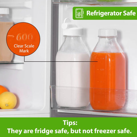 32 Oz Glass Milk And Juice Bottle Set With No Leak Airtight Screw Lid And Silicone Gasket in refrigerator, scale mark visible