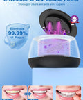 Upgrade Your Daily Oral Hygiene With This Hella Slick 48 Khz Ultrasonic Retainer Cleaner Machine cleaning aligners in a clear case.