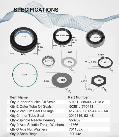 All In One Front Axle Seal Kit For Dana 50/60 Front Axle On Ford Super Duty Excursion F250 F350 F450 F550 1998-2004 specifications