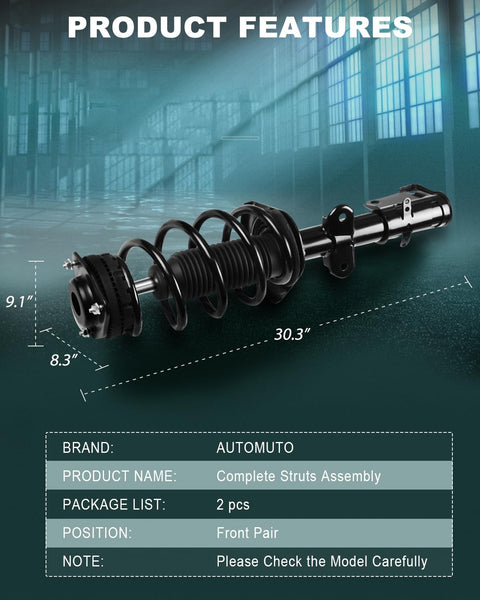 Front Pair Complete Strut Assemblies And Shock Absorbers For 2008 2009 2010 2011 2012 2013 2014 2015 Chrysler Town And Country And Dodge Grand Caravan Upgrade Ride Quality, showing detailed measurements and product features