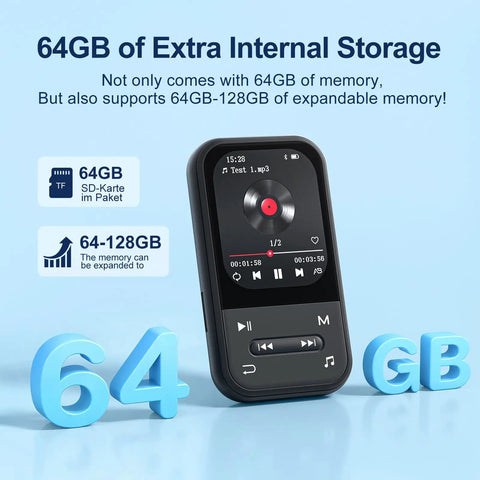64GB Clip MP3 Player With Bluetooth 5.3 FM Radio And Voice Recorder E Book Reader And Expandable Up To 512GB Portable Music Player