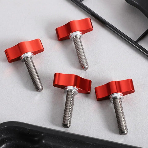 4 Pack 1/4 20 X 1 Inch Stainless Steel Thumb Screws Hella Durable Finger Bolts arranged on surface, showing red knobs and threads.