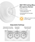 Diagram of ceiling mount 360 degree PIR occupancy sensor for indoor lighting with adjustable settings for time, sensitivity, and light level.