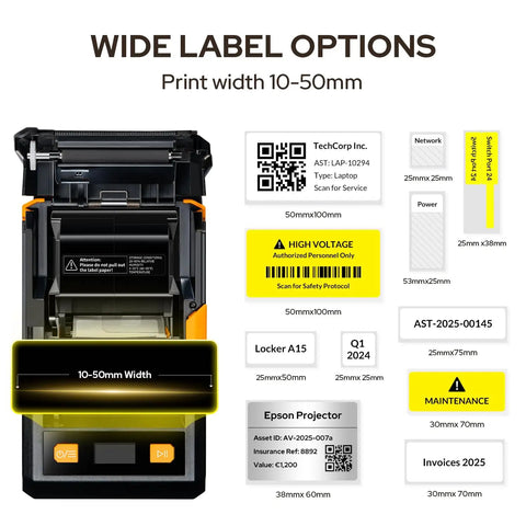 Beast Mode Ready 2 Inch Print Head Portable Industrial Label Printer With Bluetooth, wide label options and samples shown