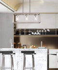 Kitchen island view with Three Light Modern Pendant Chandelier With Glass Shades In Brushed Nickel For Dining Room Living Room Kitchen Island Farmhouse Style Hanging Light Fixture