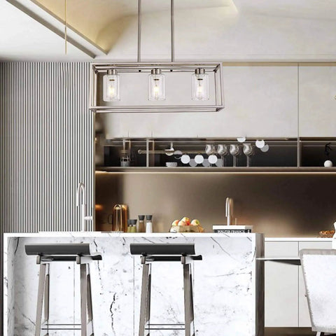 Kitchen island view with Three Light Modern Pendant Chandelier With Glass Shades In Brushed Nickel For Dining Room Living Room Kitchen Island Farmhouse Style Hanging Light Fixture
