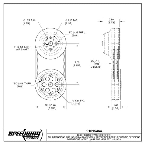 Technical drawing of the One To One Pulley Combo For SBC Short Water Pump With CNC Aluminum Double Groove Crank And Water Pump Pulleys.