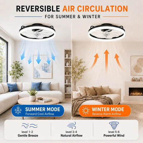 Reversible air circulation illustration for Sleek 20 Inch Flush Mount Ceiling Fan With Integrated Ambient Lighting And Smartphone App Controls.
