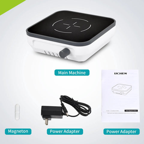 Mini Magnetic Stirrer With Brushless DC Motor 1500 RPM No Heating, Stirring Bar Included, power adapter, and manual