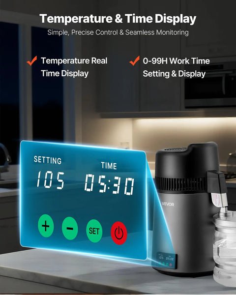 Temperature display of Smooth Sippin Water Distiller With Built Tough Stainless Core and Glass Pot, showing time and settings.