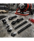 Heavy Duty Workhorse 1/2 And 3/8 Inch Sewer Auger Bit Set showing nine tough steel components and a drain cleaning machine.