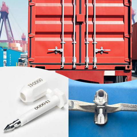 50 Pack High Security Bolt Container Seals Locked Down Tight Hella Secure Tamper Proof Shipping Cargo Truck Trailer Seals Progressive Numbering ISO 17712 White on shipping container doors.
