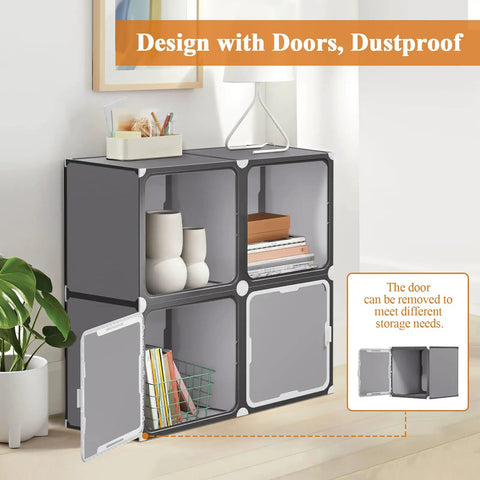 Totally Versatile 4 Cube Storage Organizer With Doors, Awesome Multifunctional Cube Shelves in dark grey with open and closed doors