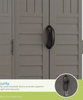 Vertical Outdoor Storage Shed With 22 Cubic Feet Of Capacity, Lockable Double Doors showing door handle close-up
