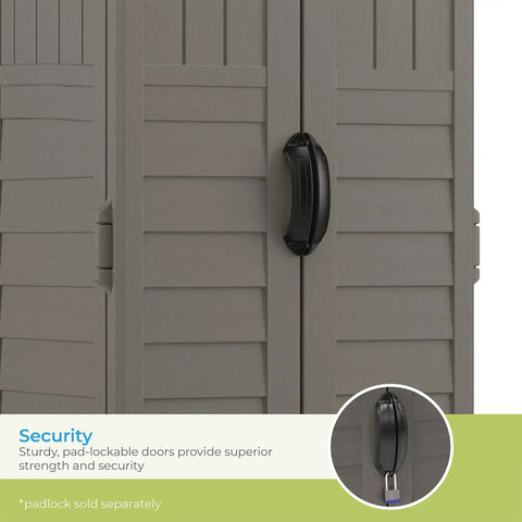 Vertical Outdoor Storage Shed With 22 Cubic Feet Of Capacity, Lockable Double Doors showing door handle close-up