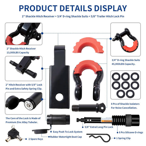 Shackle Hitch Receiver Two Inch With Three Quarter Inch D Ring Shackle And Five Eighth Inch Trailer Hitch Pin Lock 45000 Lbs Break Strength Heavy Duty Receiver Kit components and details display