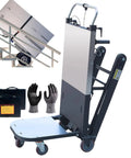 Heavy Duty 850W Electric Stair Climbing Dolly Featuring Removable 48V Battery And Foldable Build with gloves and battery pack.