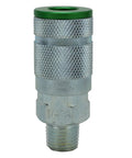 Close-up of a steel coupler from ColorFit A Style 14 Piece Coupler And Plug Kit 1 Quarter NPT Green with scratch-resistant coating.