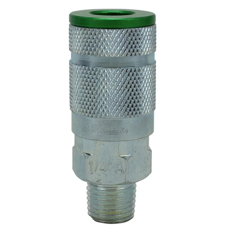 Close-up of a steel coupler from ColorFit A Style 14 Piece Coupler And Plug Kit 1 Quarter NPT Green with scratch-resistant coating.