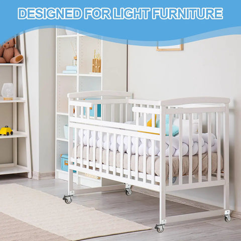 White crib in nursery with Beefy 2 Inch Caster Wheel Set 4 Pack With 2 Brakes And 2 Swivel Casters, 1 Inch U Bracket, Brown, for mobility