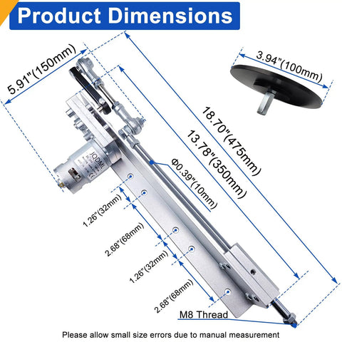 Product dimensions of Slick 24 Volt DC Reciprocating Linear Actuator With Remote Speed Controller detailed with measurements.