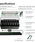 Specifications of 40-Cell Seed Starter Trays Kit With LED Grow Lights, including tray, dome, heat mat, temperature controller.