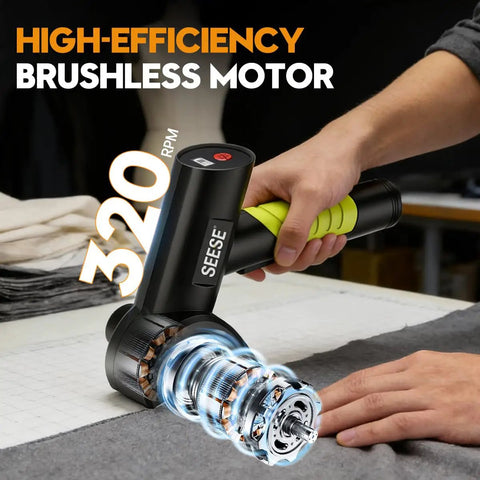 SeeSE Electric Box Cutter Cordless Rechargeable Scissors demonstrating high-efficiency motor cutting fabric with ease.
