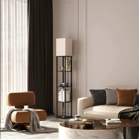 Five-Tier LED Shelf Floor Lamp With White Shade And 3CCT Bulb Foot Switch Space Saving Built-In Shelves For Living Room Bedroom And Office Matte Black Great For Small Apartments And Modern Living in modern living room corner next to armchair and sofa.