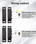 Wiring diagram showing NO/NC functionality of Two Pack MC31B Surface Mount Magnetic Reed Switch Kit for Door Sensors.