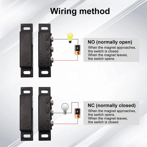 Wiring diagram showing NO/NC functionality of Two Pack MC31B Surface Mount Magnetic Reed Switch Kit for Door Sensors.