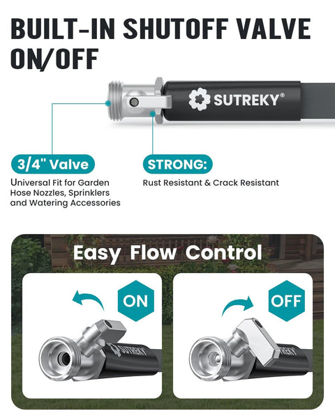 SUTREKY garden hose nozzle with built-in shutoff valve; 3/4-inch universal valve; rust- and crack-resistant
